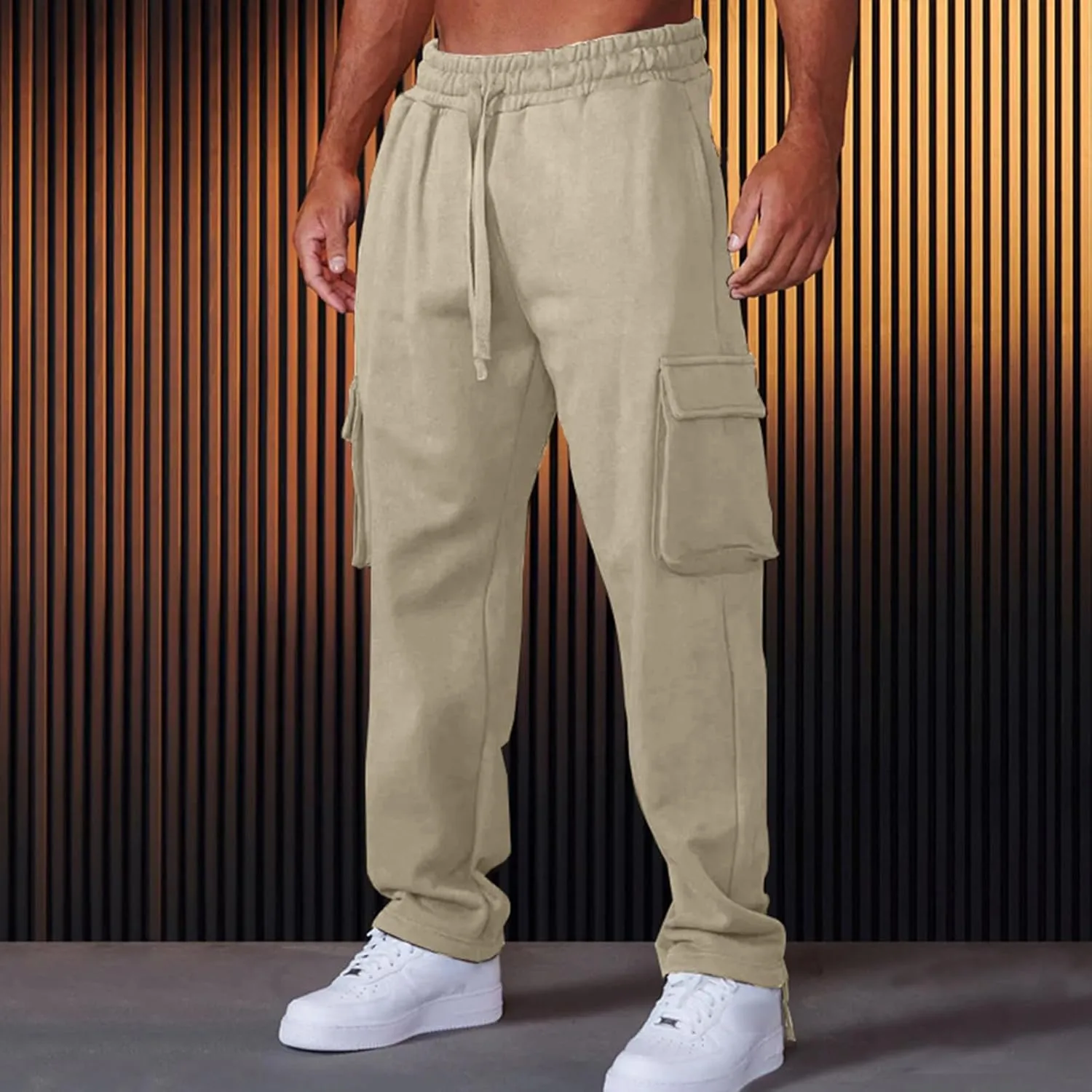 Mens Casual Cargo Sweatpant with Multi Pockets Baggy Elastic Waist Drawstring Pants Outdoor Straight Stretch Trousers