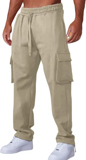 Mens Casual Cargo Sweatpant with Multi Pockets Baggy Elastic Waist Drawstring Pants Outdoor Straight Stretch Trousers