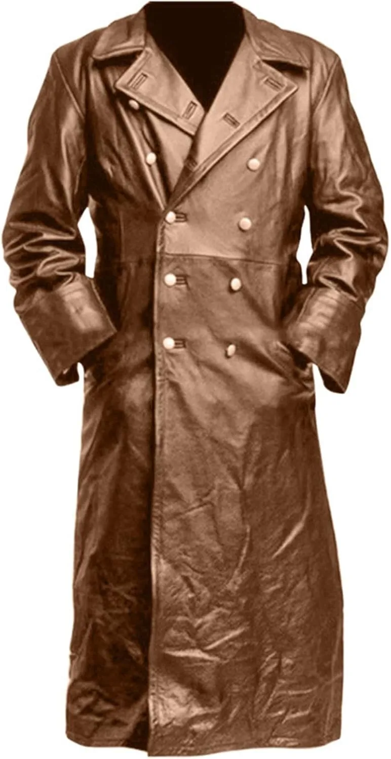 Men's Vintage Casual Officer WW2 Military Uniform Retro Leather Trench Coat Jacket Long Genuine Motorcycle Jakcet