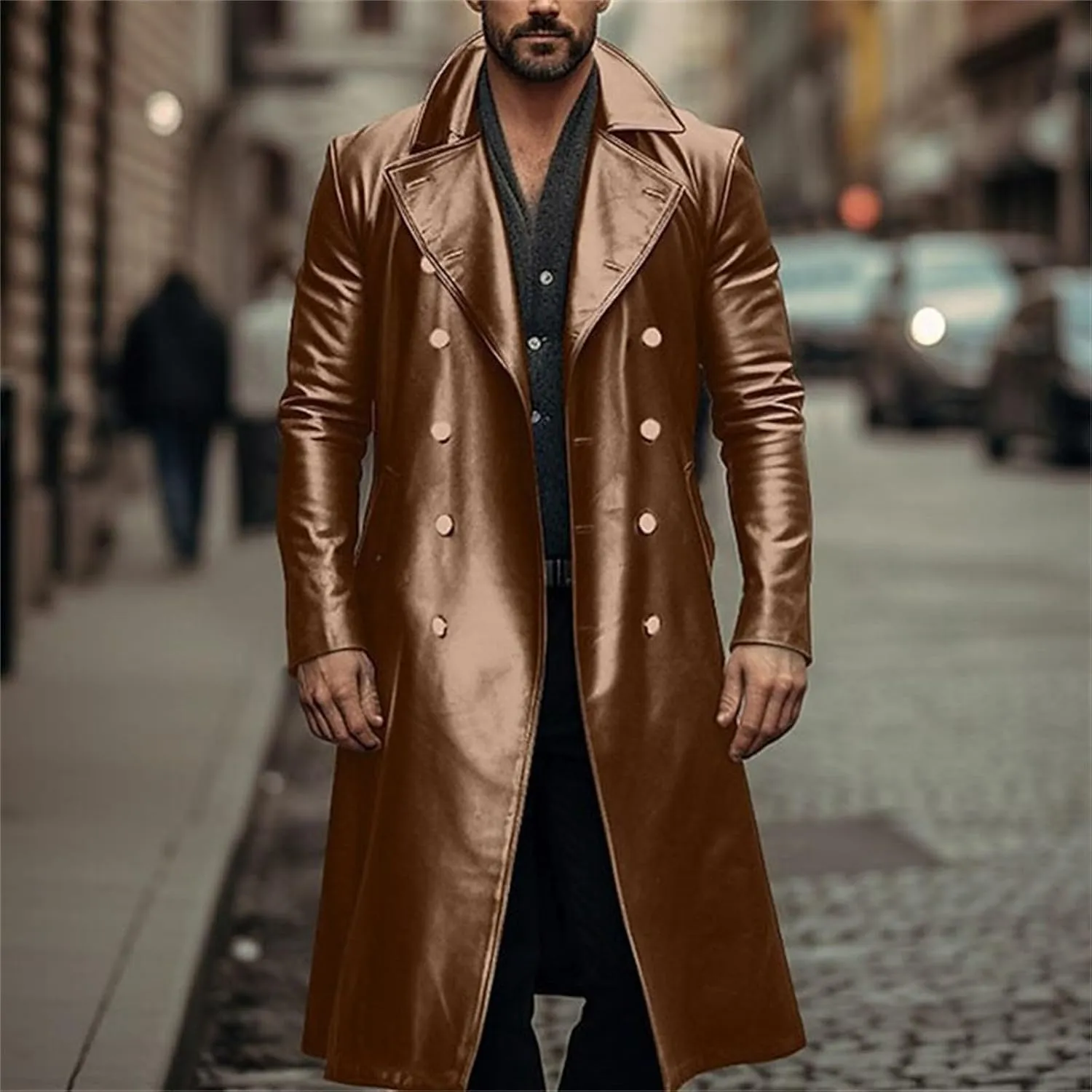 Men's Vintage Casual Officer WW2 Military Uniform Retro Leather Trench Coat Jacket Long Genuine Motorcycle Jakcet