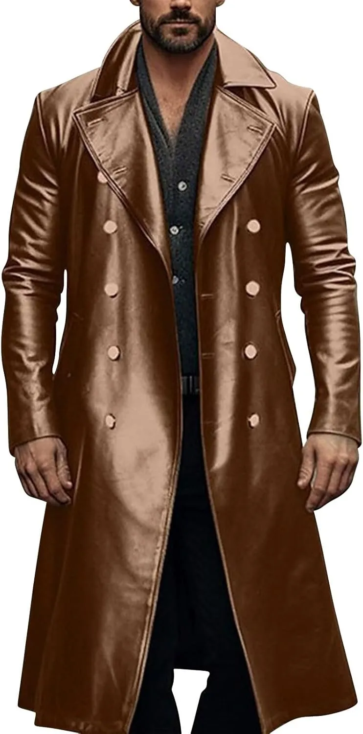 Men's Vintage Casual Officer WW2 Military Uniform Retro Leather Trench Coat Jacket Long Genuine Motorcycle Jakcet