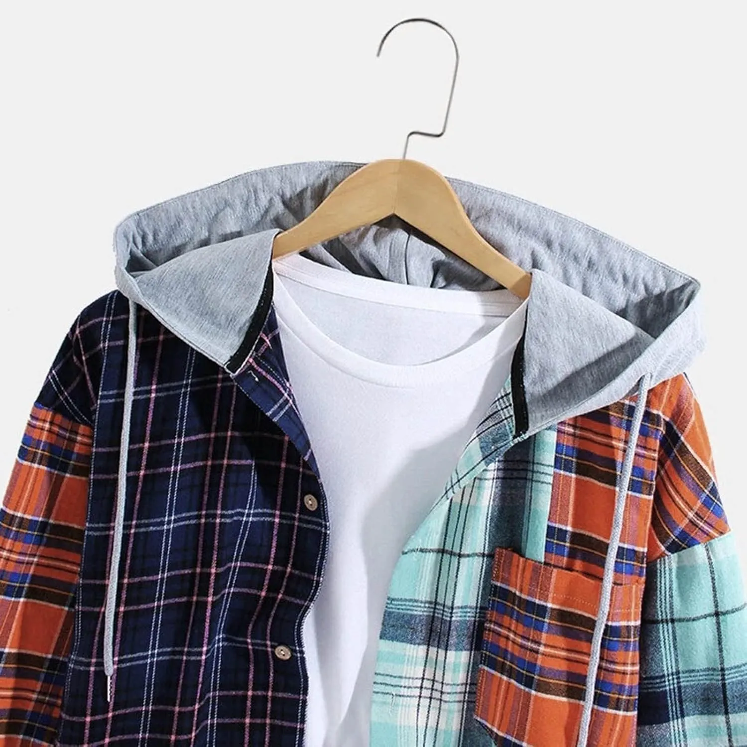 Plaid Hoodies Jackets for Men Lightweight Casual Long Sleeve Fleece Lined Casual Plaid Jacket Color Block Stitching