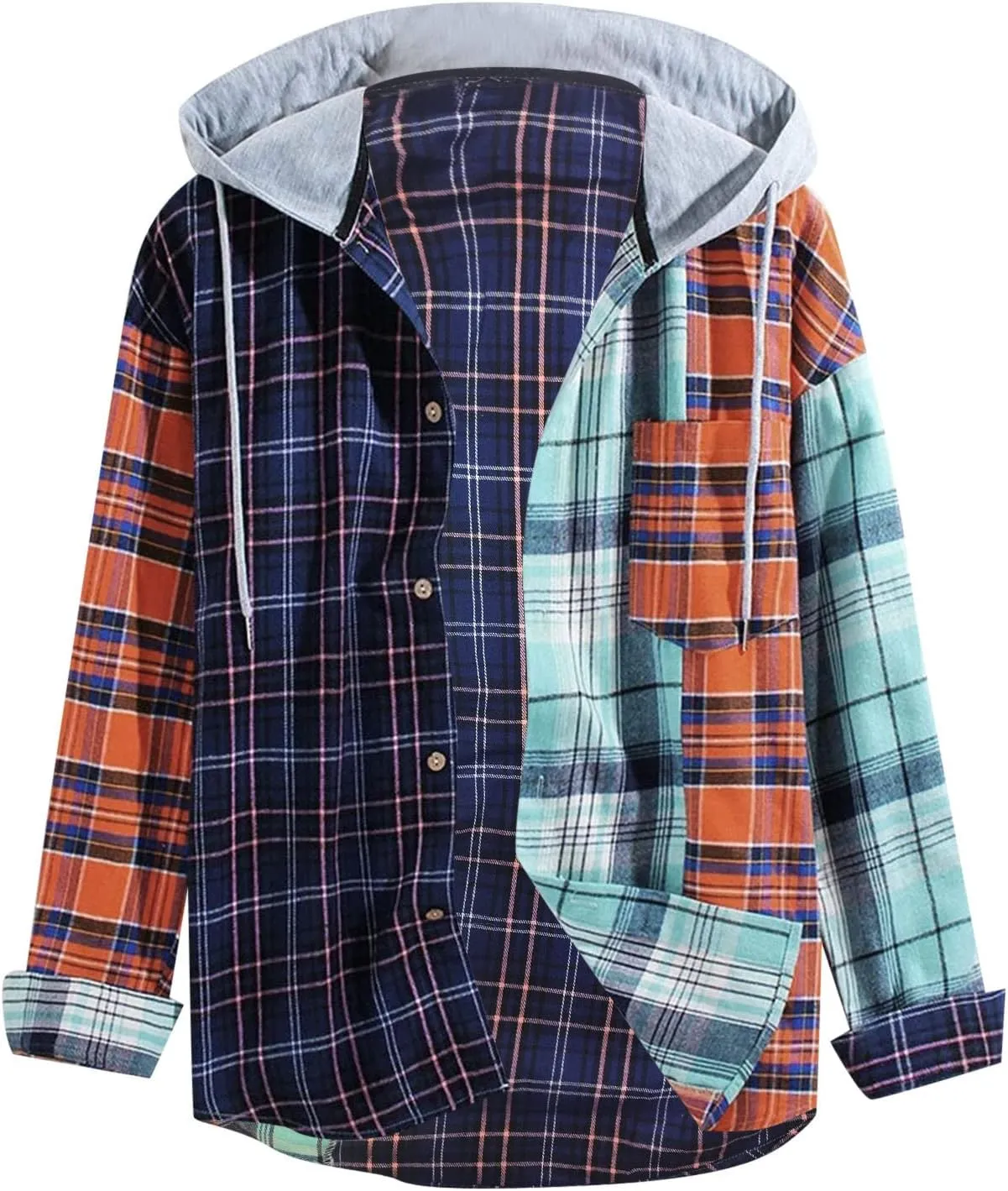 Plaid Hoodies Jackets for Men Lightweight Casual Long Sleeve Fleece Lined Casual Plaid Jacket Color Block Stitching