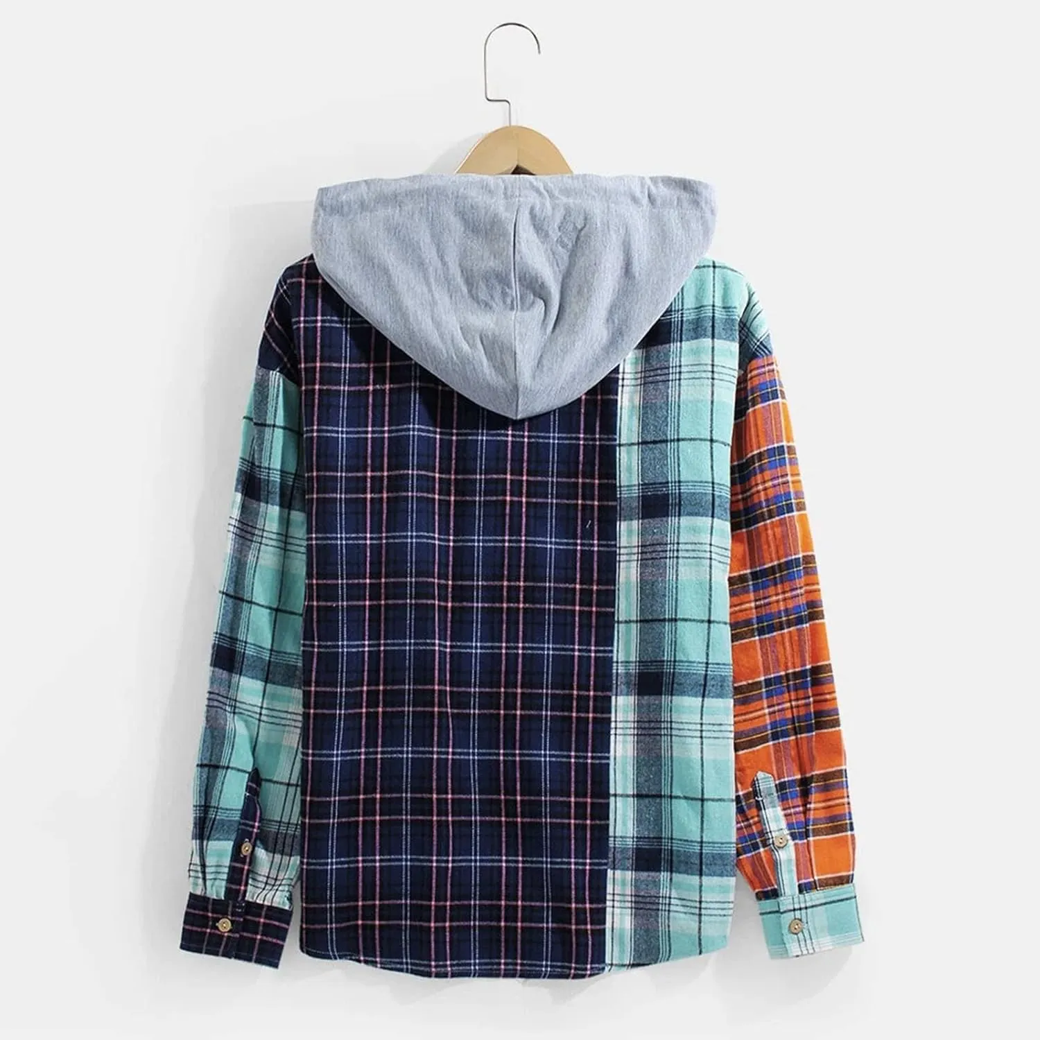 Plaid Hoodies Jackets for Men Lightweight Casual Long Sleeve Fleece Lined Casual Plaid Jacket Color Block Stitching