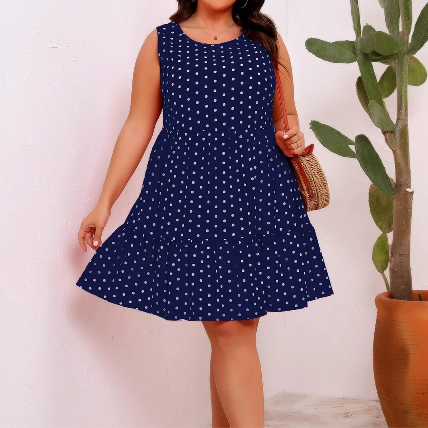Plus Size Sundresses for Women 2025 Vacation Polka Dot Short Tank Dress Casual Summer Tiered Ruffle Mini Beach Dress