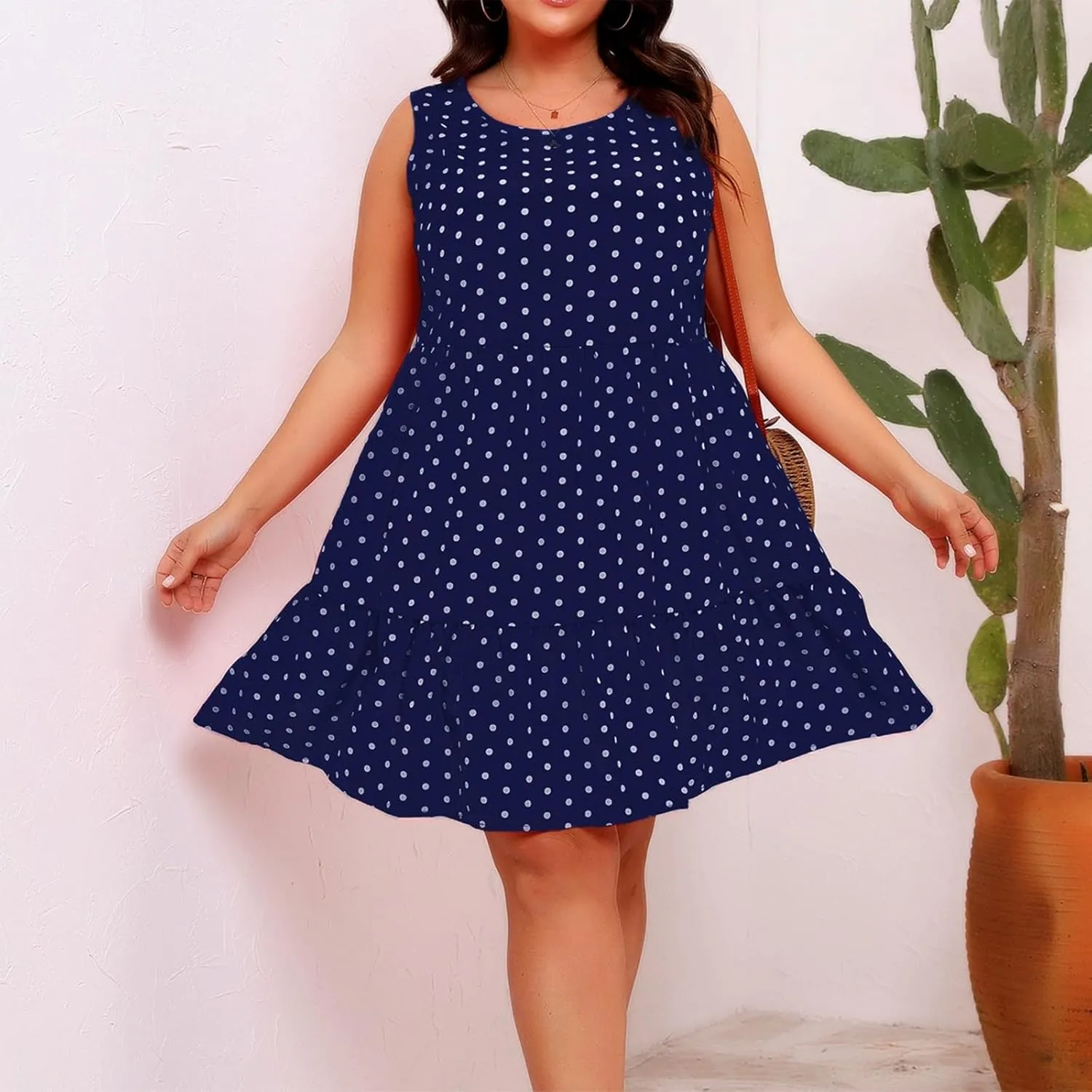 Plus Size Sundresses for Women 2025 Vacation Polka Dot Short Tank Dress Casual Summer Tiered Ruffle Mini Beach Dress