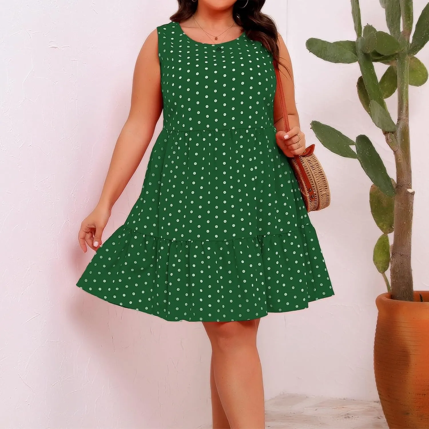 Plus Size Sundresses for Women 2025 Vacation Polka Dot Short Tank Dress Casual Summer Tiered Ruffle Mini Beach Dress