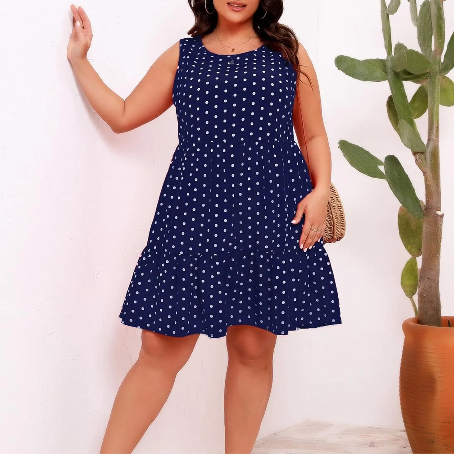 Plus Size Sundresses for Women 2025 Vacation Polka Dot Short Tank Dress Casual Summer Tiered Ruffle Mini Beach Dress