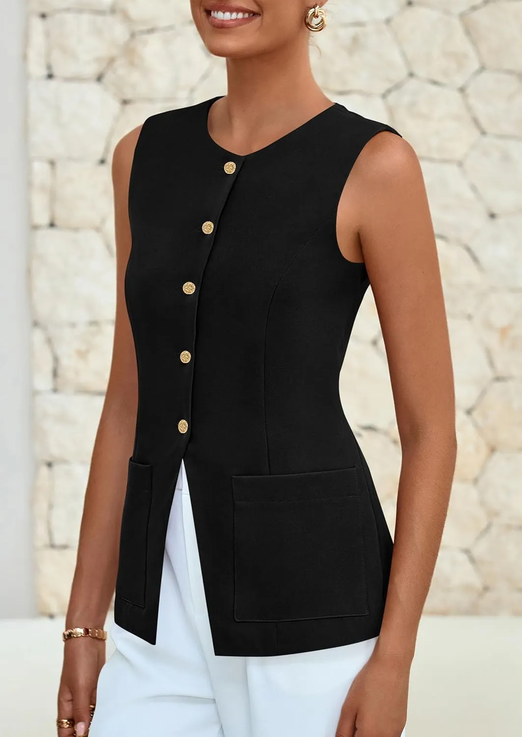 PRETTYGARDEN Women's Sleeveless Blazer Vest Summer 2025 Trendy Button Down Business Suit Vest Tops Outerwear Waistcoat