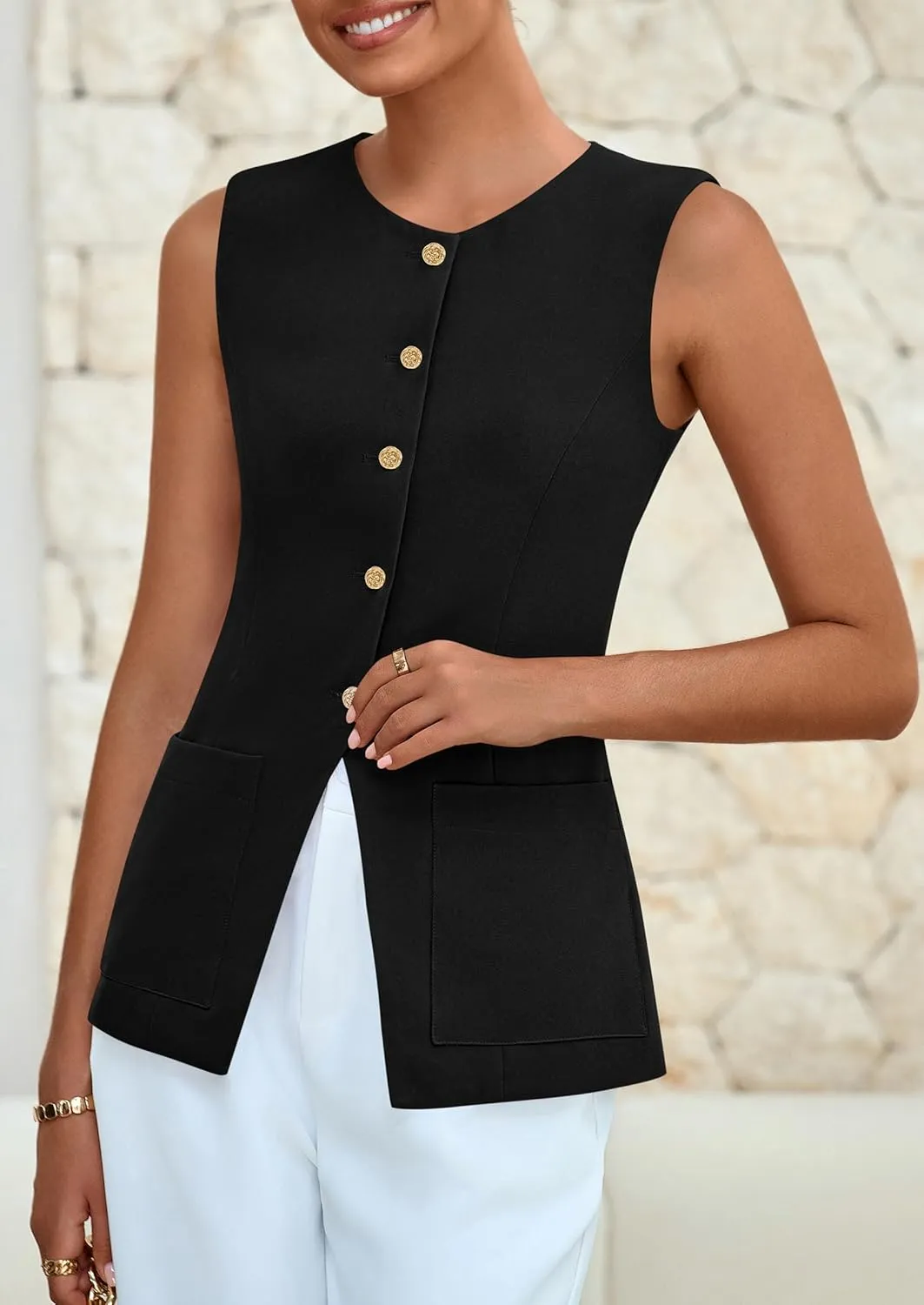 PRETTYGARDEN Women's Sleeveless Blazer Vest Summer 2025 Trendy Button Down Business Suit Vest Tops Outerwear Waistcoat