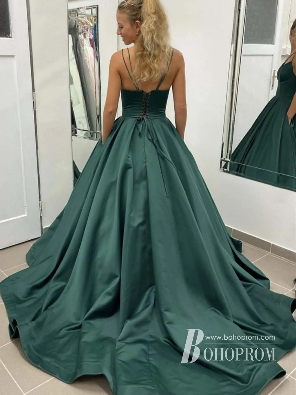 Simple Satin Spaghetti Straps Neckline Chapel Train A-line Prom Dresses PD764