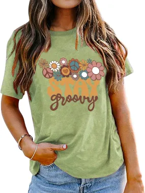 Stay Groovy Shirt for Womens:Hippie 70s T-Shirt Cute Hippie 70s T-Shirt Casual Short Sleeve Tee Tops