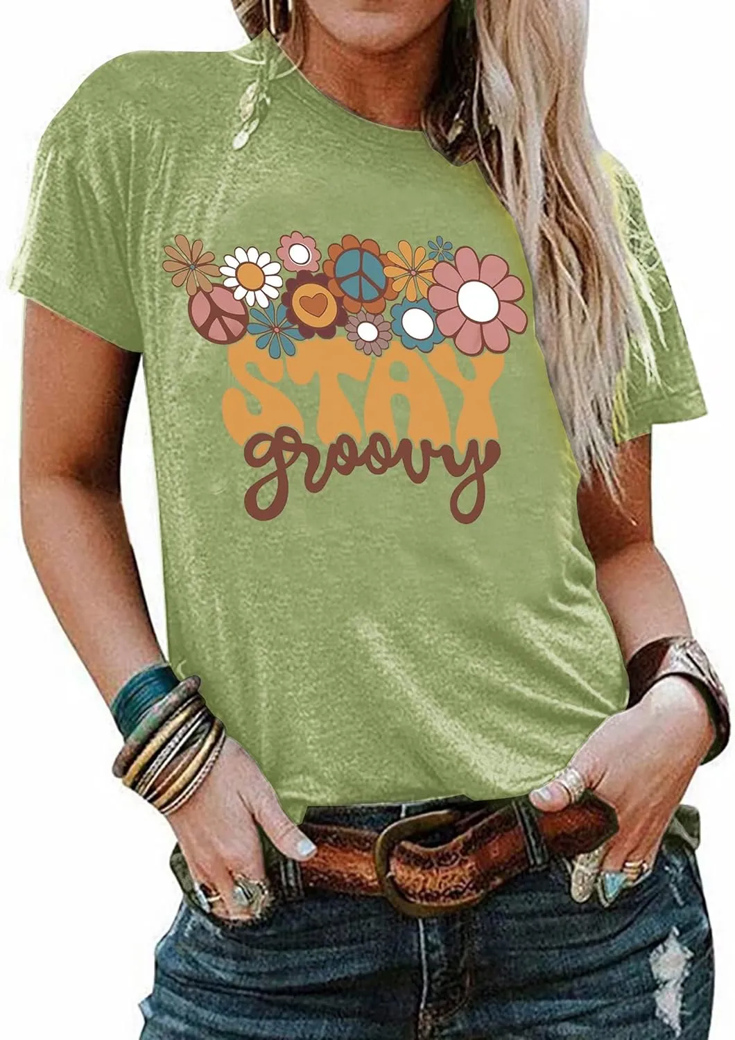 Stay Groovy Shirt for Womens:Hippie 70s T-Shirt Cute Hippie 70s T-Shirt Casual Short Sleeve Tee Tops