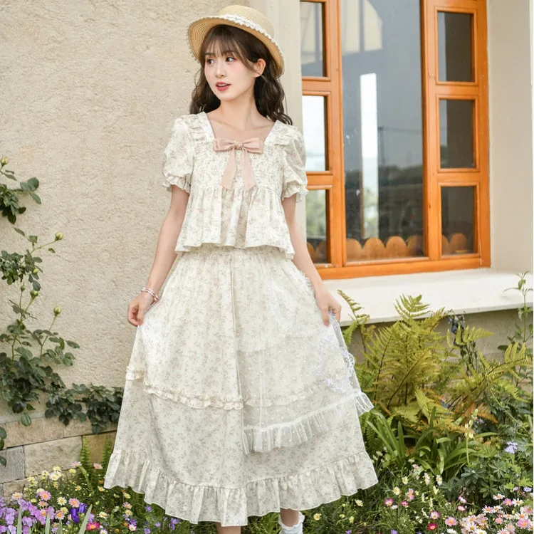 Sweet Girl Style Puff Sleeve T-shirt and Floral Dress