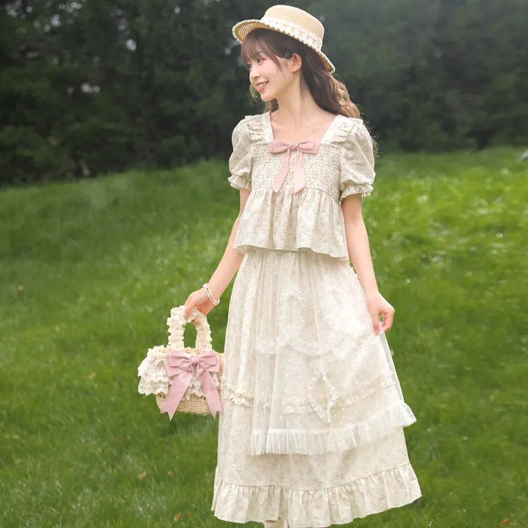 Sweet Girl Style Puff Sleeve T-shirt and Floral Dress
