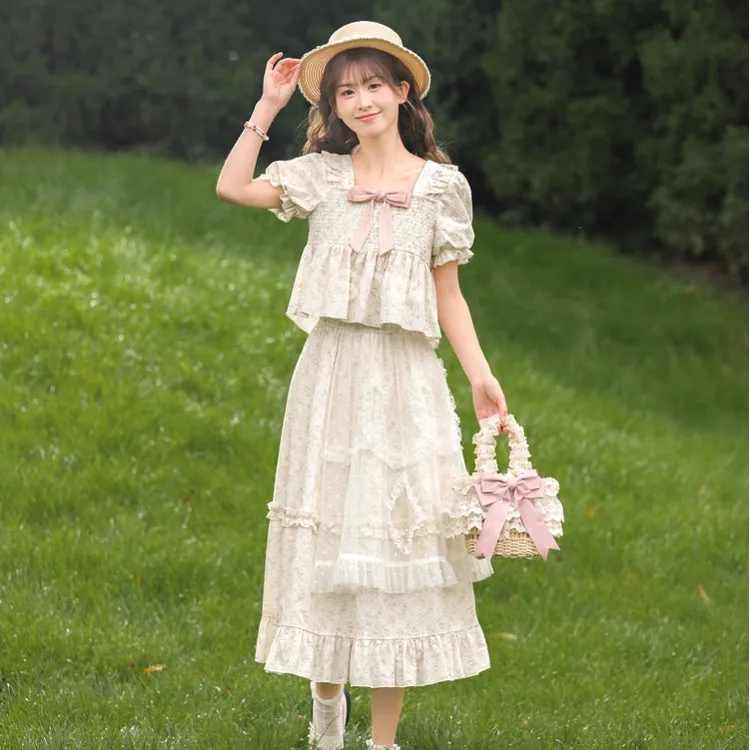 Sweet Girl Style Puff Sleeve T-shirt and Floral Dress