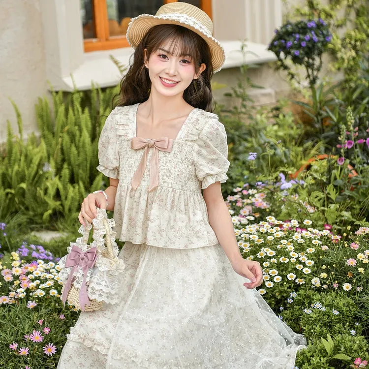 Sweet Girl Style Puff Sleeve T-shirt and Floral Dress