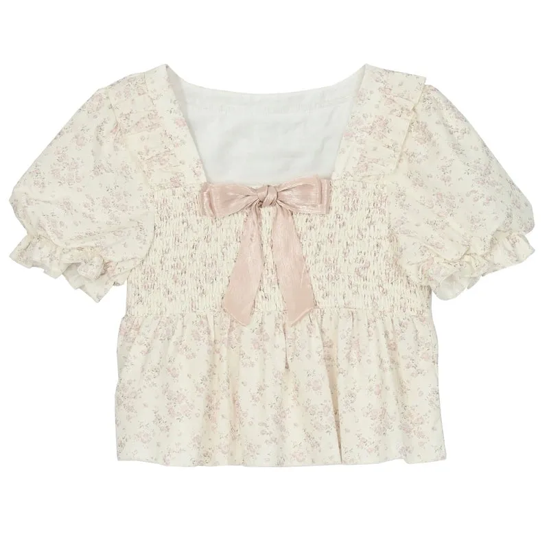 Sweet Girl Style Puff Sleeve T-shirt and Floral Dress