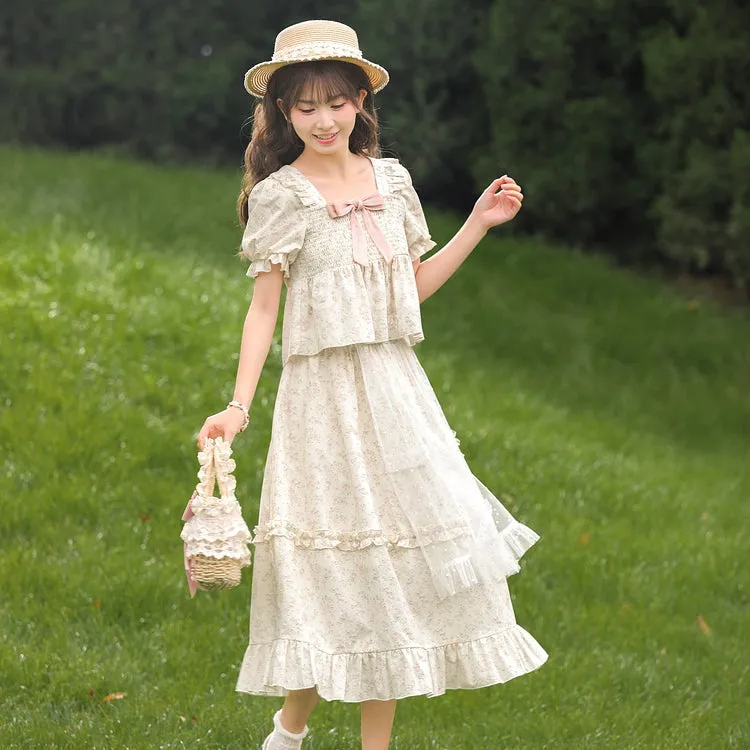 Sweet Girl Style Puff Sleeve T-shirt and Floral Dress