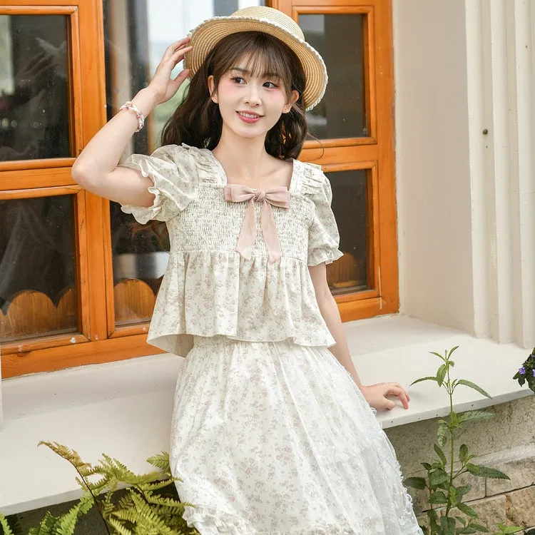 Sweet Girl Style Puff Sleeve T-shirt and Floral Dress