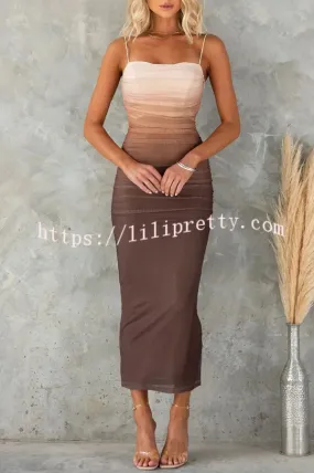Timeless Sexy Mesh Gradient Ruched Cowl Neck Midi Dress