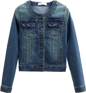TRENDY XU Long Sleeve Collarless Short Cropped Elastic Jeans Coat