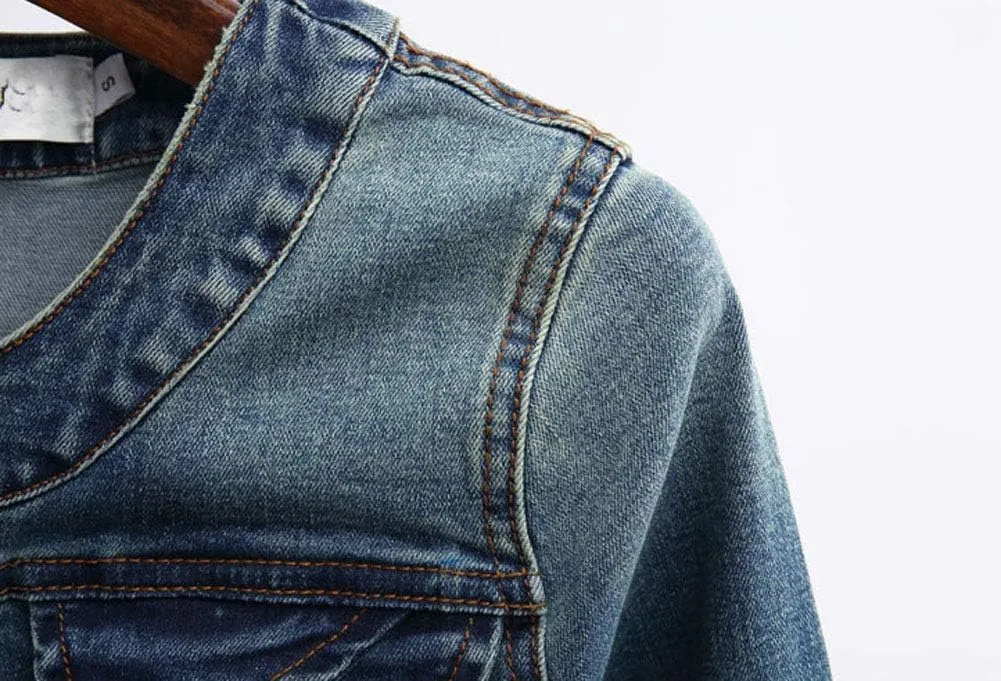 TRENDY XU Long Sleeve Collarless Short Cropped Elastic Jeans Coat