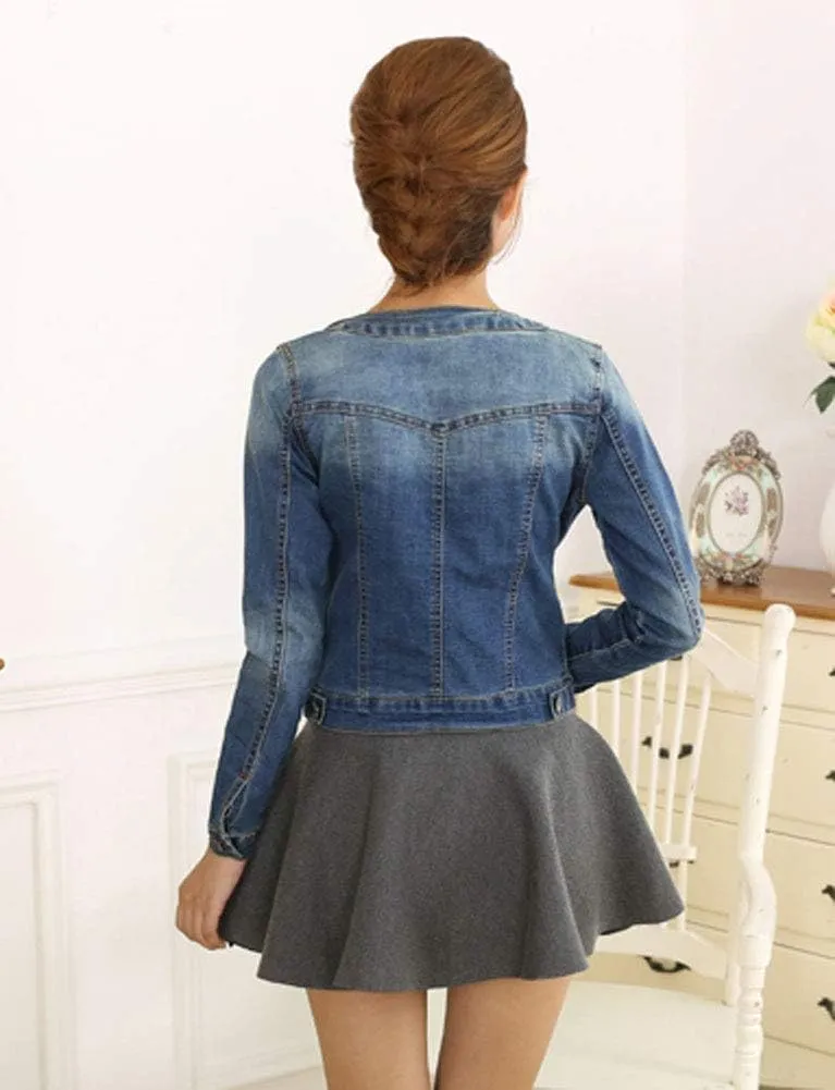 TRENDY XU Long Sleeve Collarless Short Cropped Elastic Jeans Coat