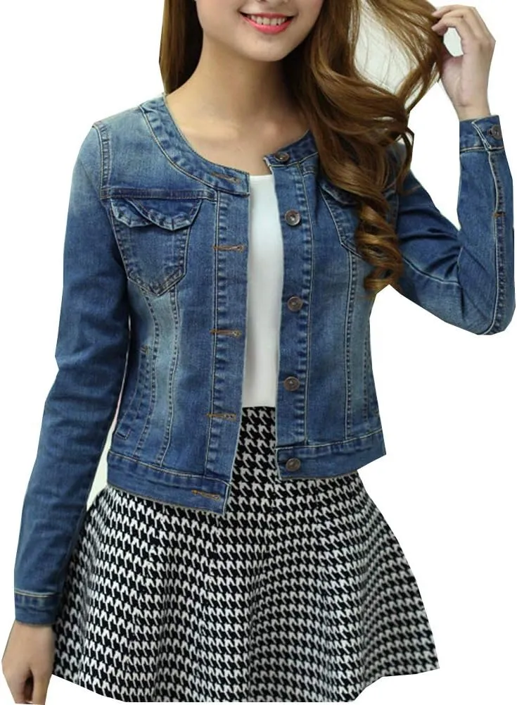 TRENDY XU Long Sleeve Collarless Short Cropped Elastic Jeans Coat