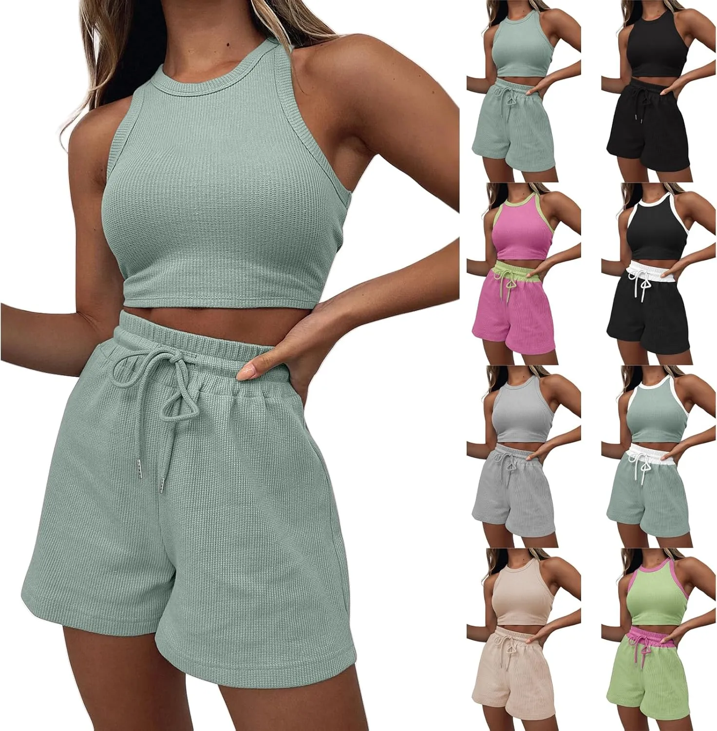Womens 2 Piece Shorts Sets Sleeveless Crop Tops and Shorts Summer Ribbed Lounge Set Beach Vacation Trendy Clothes