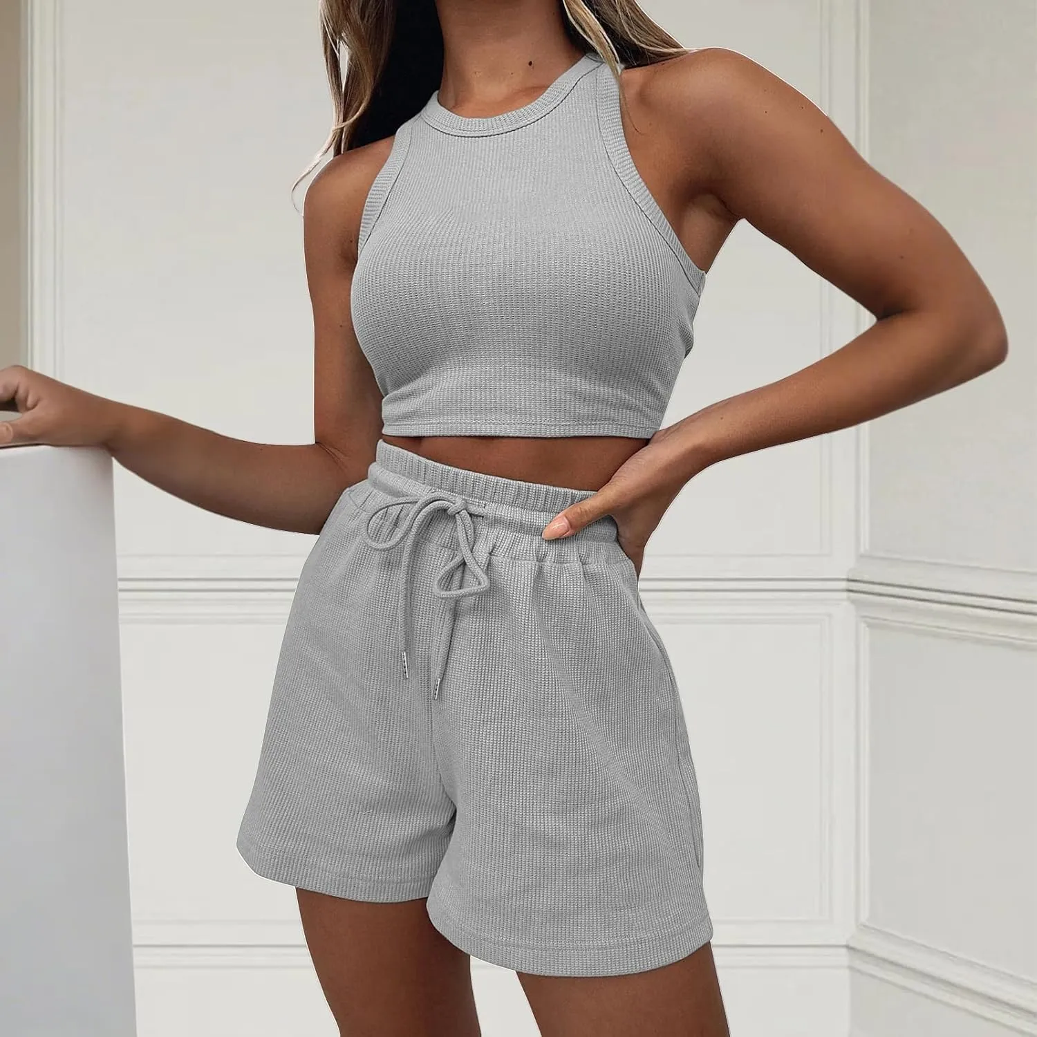 Womens 2 Piece Shorts Sets Sleeveless Crop Tops and Shorts Summer Ribbed Lounge Set Beach Vacation Trendy Clothes