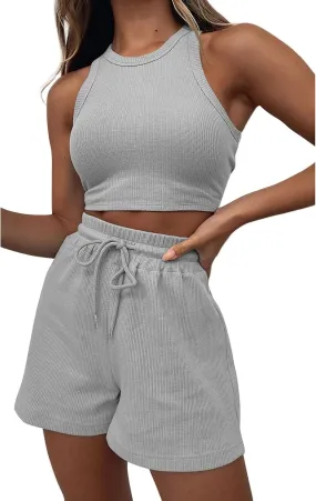 Womens 2 Piece Shorts Sets Sleeveless Crop Tops and Shorts Summer Ribbed Lounge Set Beach Vacation Trendy Clothes