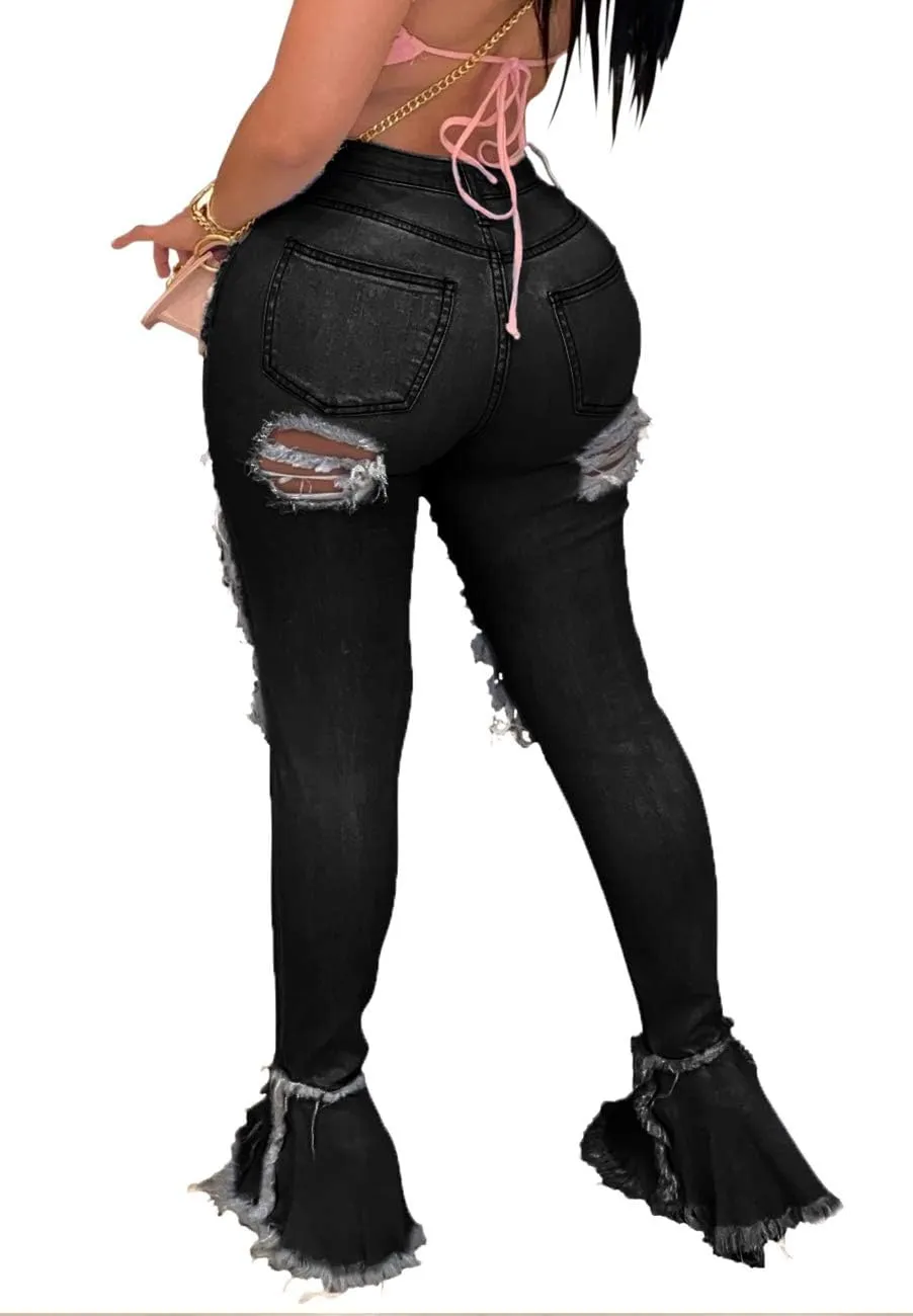 Women's Bell Bottom Jeans Destoryed Ripped Flare Jeans Elastic Waist Raw Hem Denim Pants