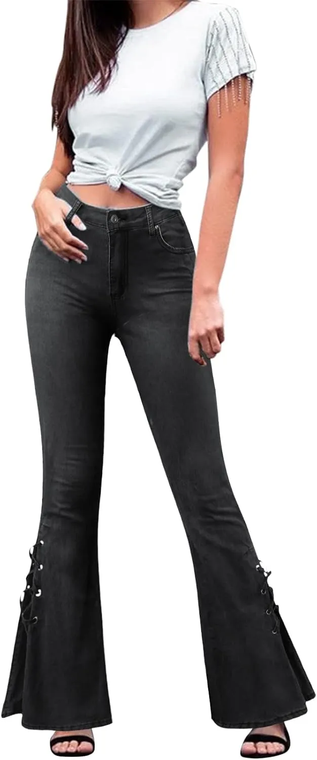 Women's Flare Bell Bottom Jeans Destroyed Elastic Waist Pull On Bootcut Tassel Stretch Curvy Fit Jeans