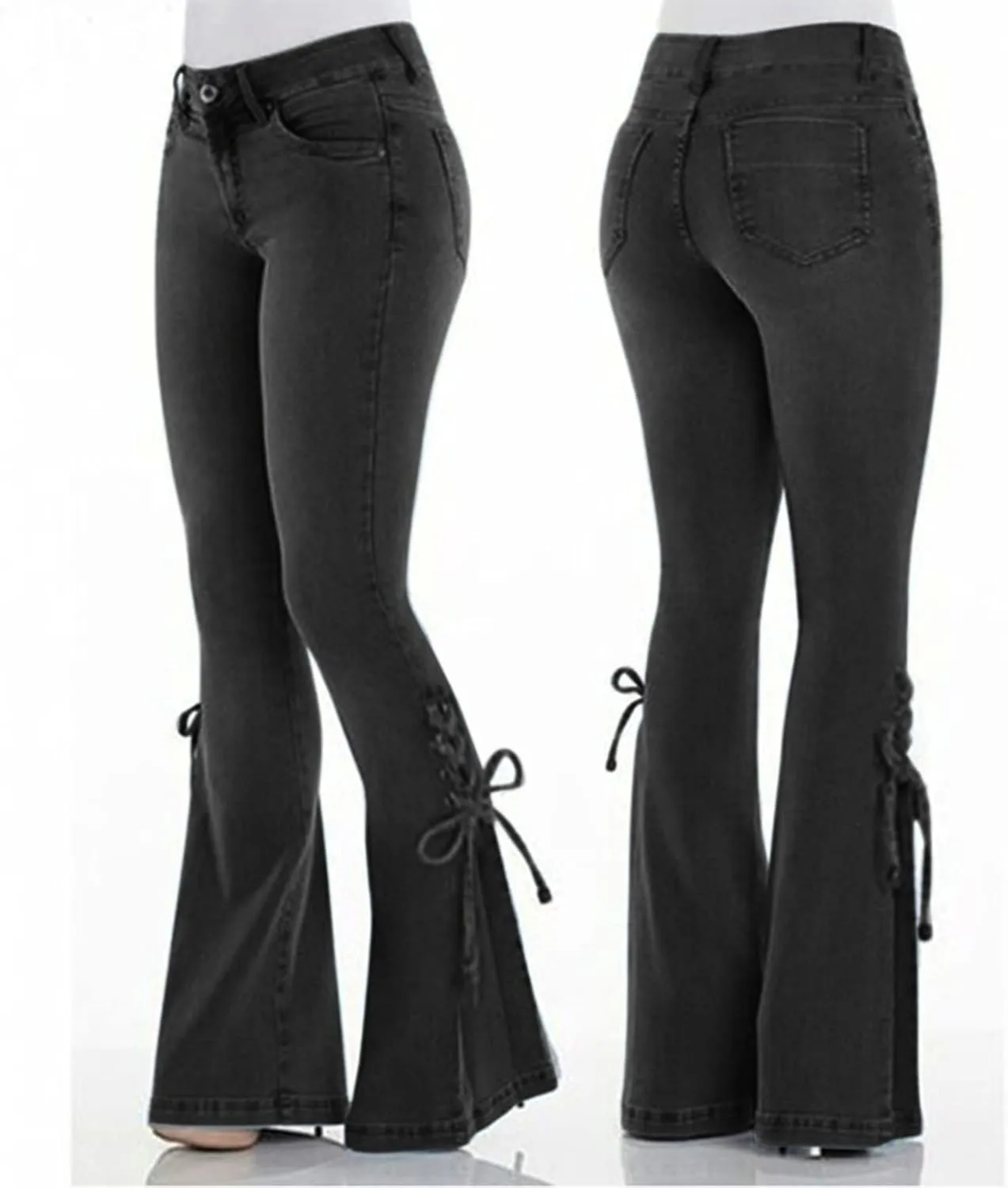 Women's Flare Bell Bottom Jeans Destroyed Elastic Waist Pull On Bootcut Tassel Stretch Curvy Fit Jeans