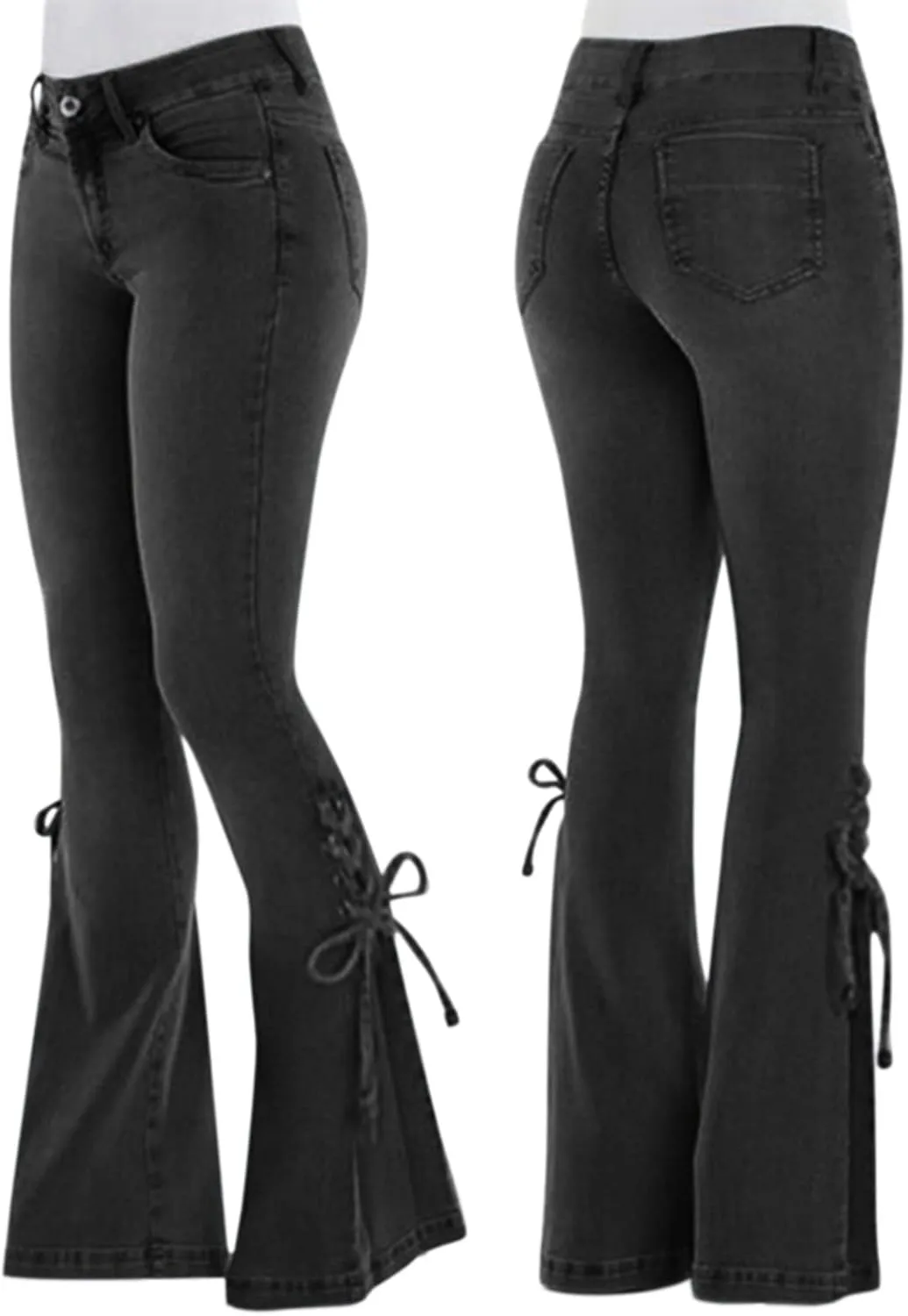 Women's Flare Bell Bottom Jeans Destroyed Elastic Waist Pull On Bootcut Tassel Stretch Curvy Fit Jeans
