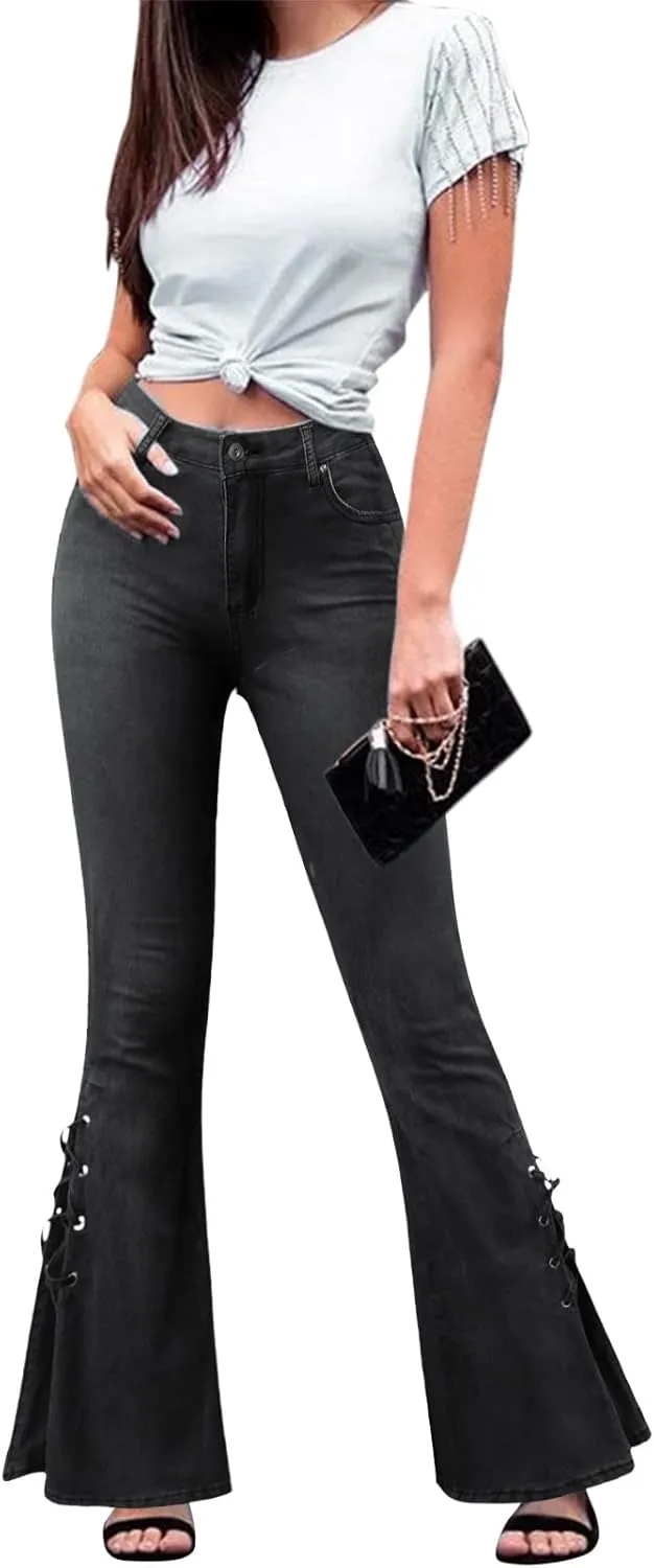 Women's Flare Bell Bottom Jeans Destroyed Elastic Waist Pull On Bootcut Tassel Stretch Curvy Fit Jeans