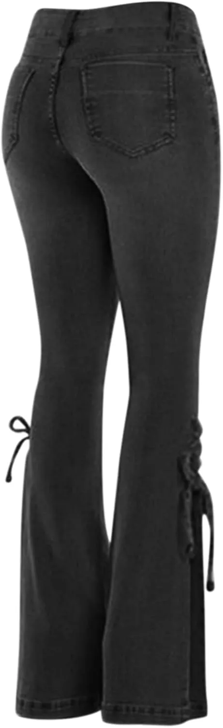 Women's Flare Bell Bottom Jeans Destroyed Elastic Waist Pull On Bootcut Tassel Stretch Curvy Fit Jeans