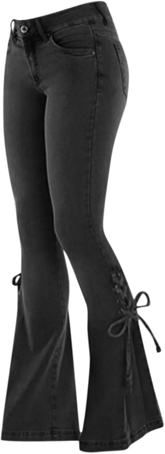 Women's Flare Bell Bottom Jeans Destroyed Elastic Waist Pull On Bootcut Tassel Stretch Curvy Fit Jeans
