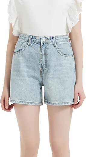 Women's High Waisted Distressed Washed Button Denim Shorts Summer Cotton Lightweight Premium Fabric Straight Wide Leg Shorts