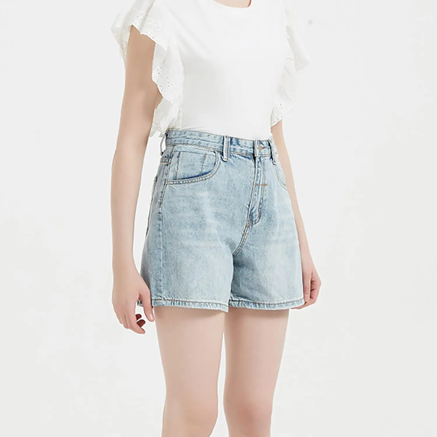Women's High Waisted Distressed Washed Button Denim Shorts Summer Cotton Lightweight Premium Fabric Straight Wide Leg Shorts