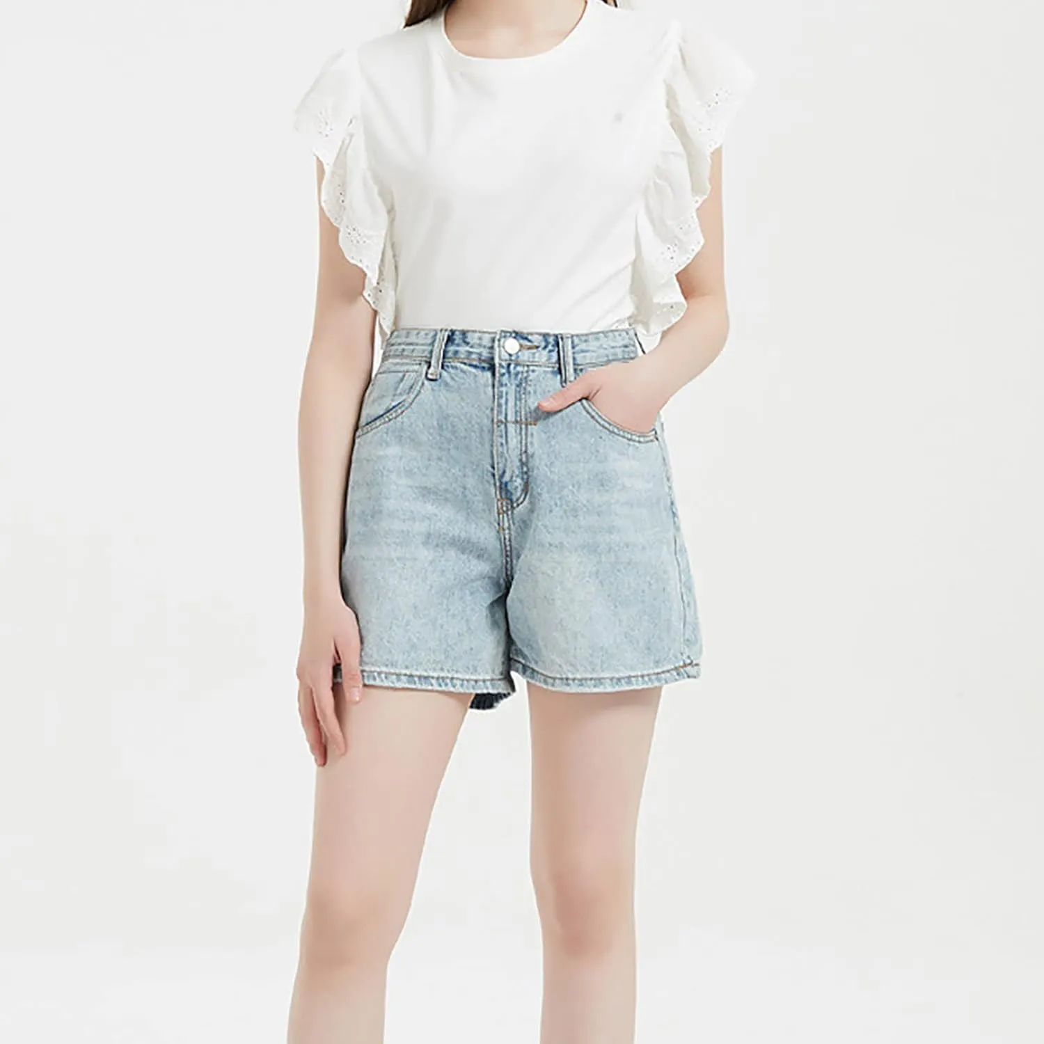 Women's High Waisted Distressed Washed Button Denim Shorts Summer Cotton Lightweight Premium Fabric Straight Wide Leg Shorts