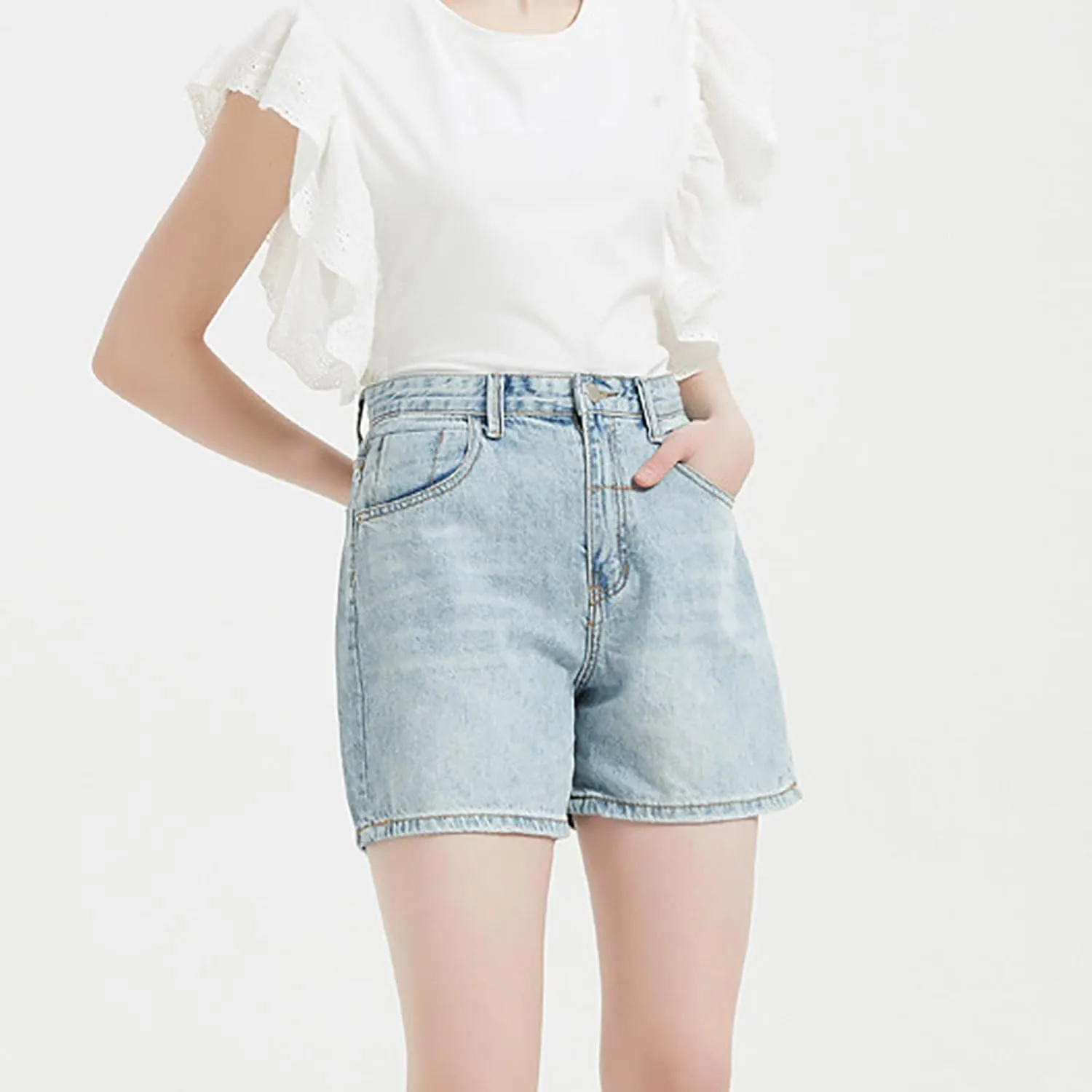 Women's High Waisted Distressed Washed Button Denim Shorts Summer Cotton Lightweight Premium Fabric Straight Wide Leg Shorts