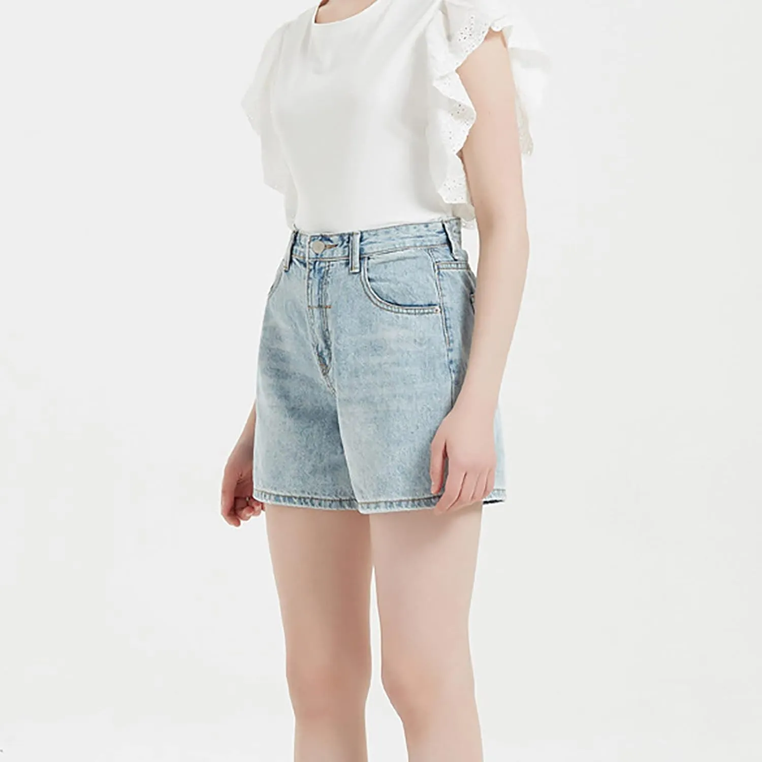 Women's High Waisted Distressed Washed Button Denim Shorts Summer Cotton Lightweight Premium Fabric Straight Wide Leg Shorts