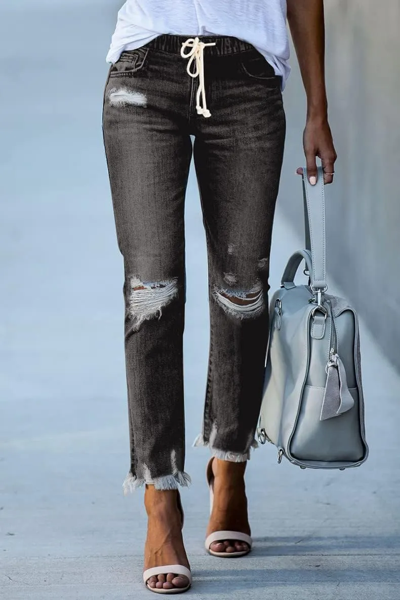 Womens Hole Ripped Raw Hem Jeans Distressed Drawstring Elastic Waist Stretch Skinny Denim Pants Jeans