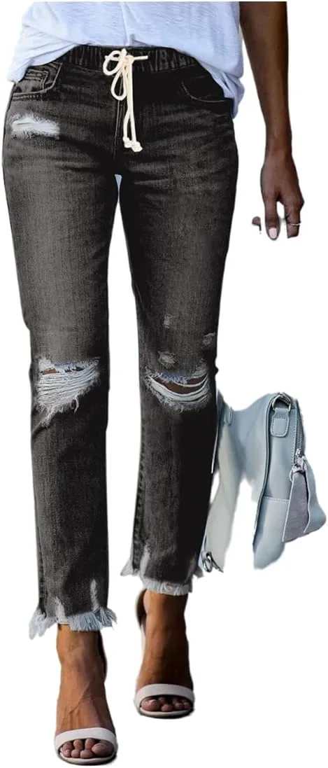 Womens Hole Ripped Raw Hem Jeans Distressed Drawstring Elastic Waist Stretch Skinny Denim Pants Jeans