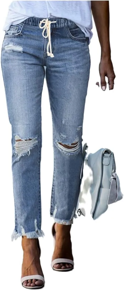 Womens Hole Ripped Raw Hem Jeans Distressed Drawstring Elastic Waist Stretch Skinny Denim Pants Jeans