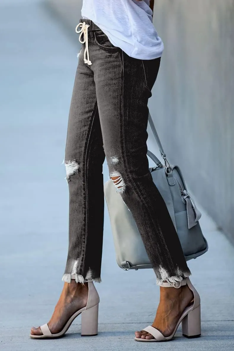 Womens Hole Ripped Raw Hem Jeans Distressed Drawstring Elastic Waist Stretch Skinny Denim Pants Jeans