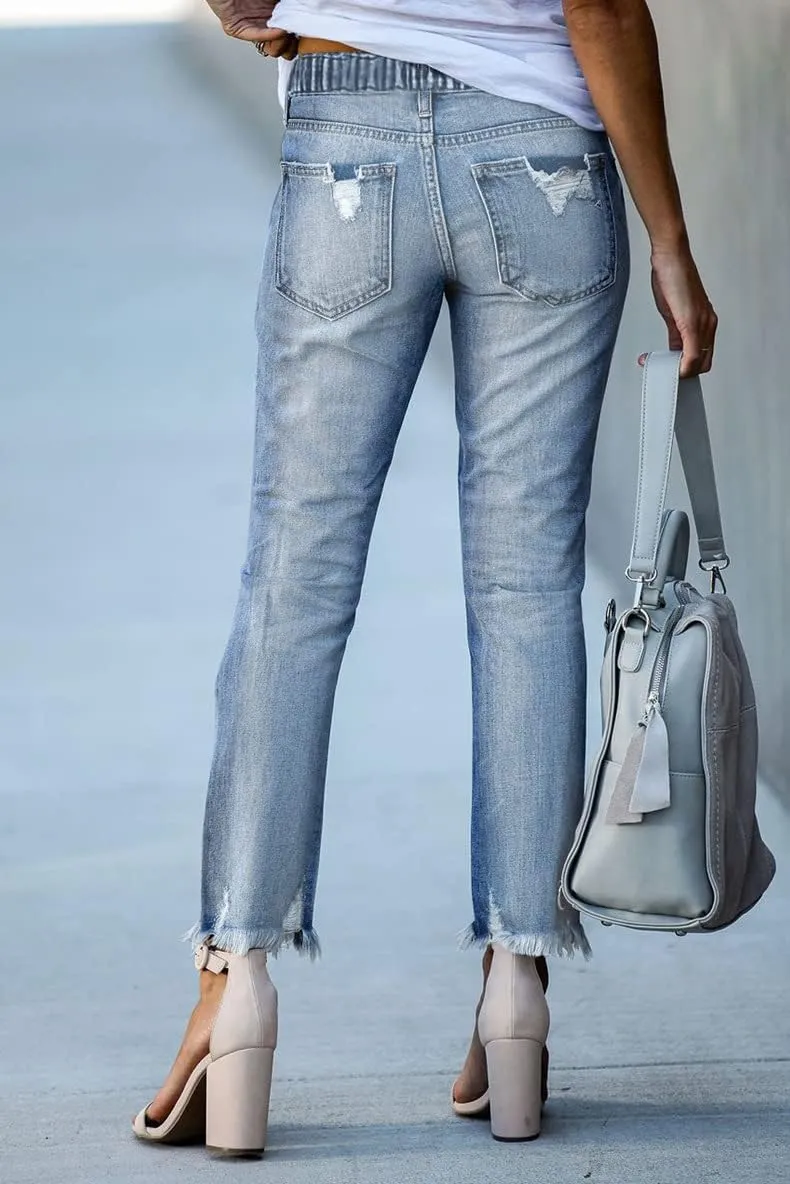 Womens Hole Ripped Raw Hem Jeans Distressed Drawstring Elastic Waist Stretch Skinny Denim Pants Jeans
