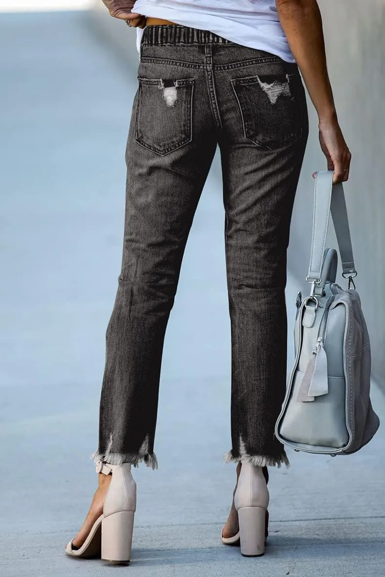 Womens Hole Ripped Raw Hem Jeans Distressed Drawstring Elastic Waist Stretch Skinny Denim Pants Jeans